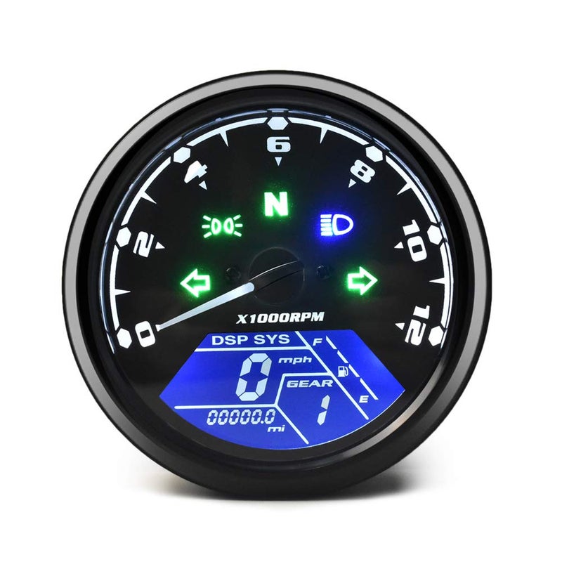 DKMOTORK 0011 Digital Gauge Motorcycle Speedometer/Tachometer/Odometer MPH KM/H Universal with Multi-Function Indicator Light Display Black - Image 1