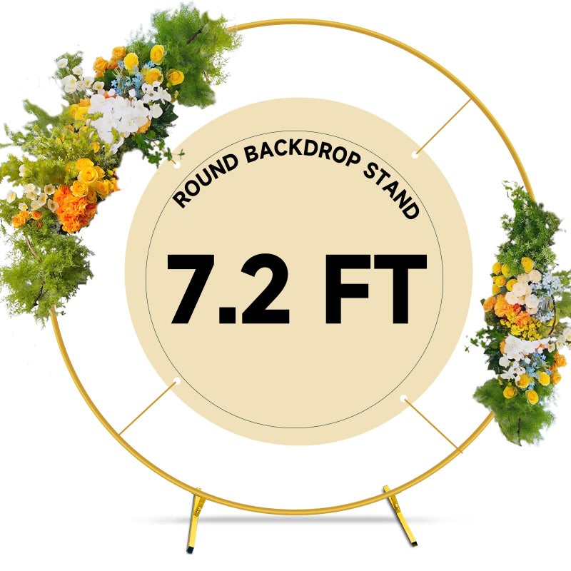 JEBUTU 7.2ft Round Backdrop Stand Circle Gold Balloon Arch Metal Wedding Backdrop Ring Stand Frame for Party Birthday Baby Shower Flower Decorations Ceremony Anniversary Bridal - Image 1