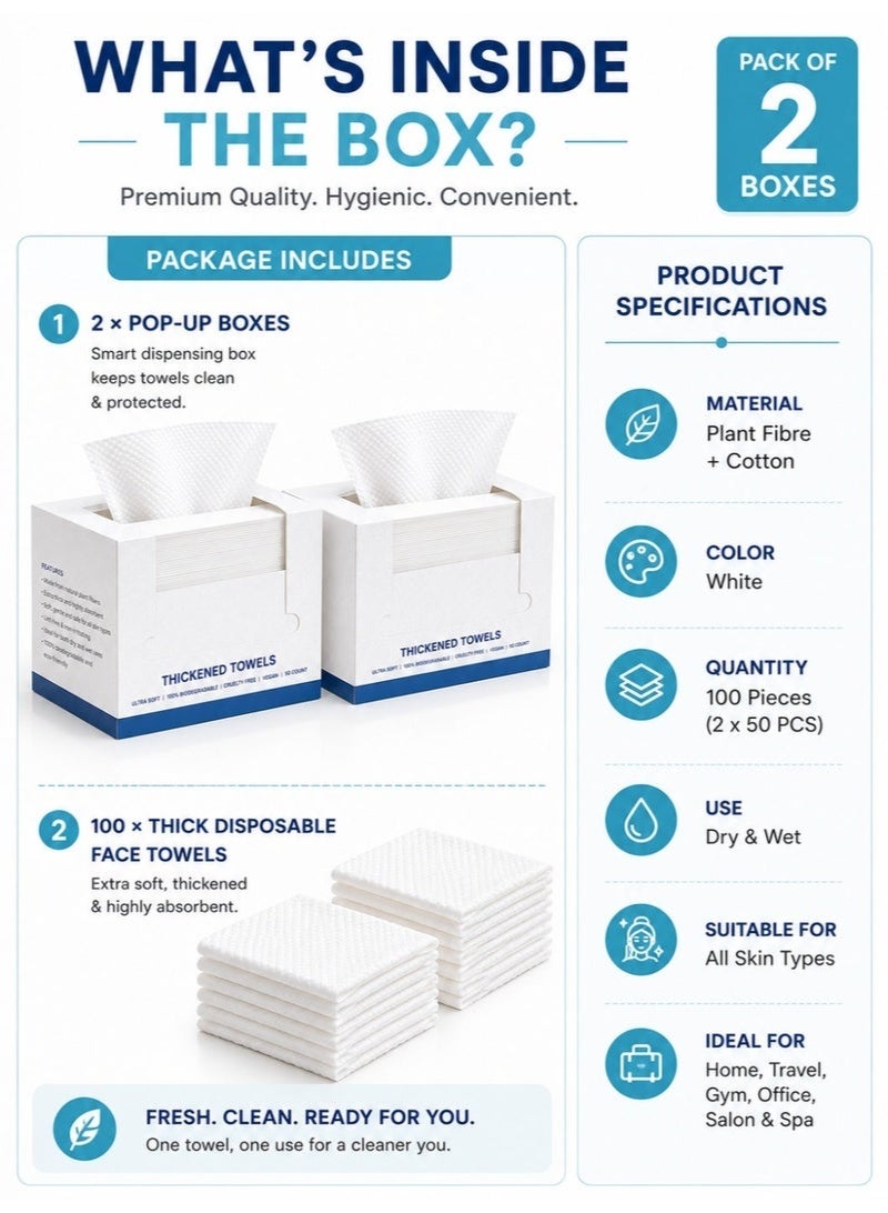 Disposable Face Towels 100 Count (Pack of 2 Boxes) – Ultra Soft Thickened Biodegradable Facial Cleansing Towels, Dry & Wet Use, Lint-Free, Highly Absorbent, Disposable Cotton Face Tissue for Makeup Removal, Skincare & Sensitive Skin - Image 2