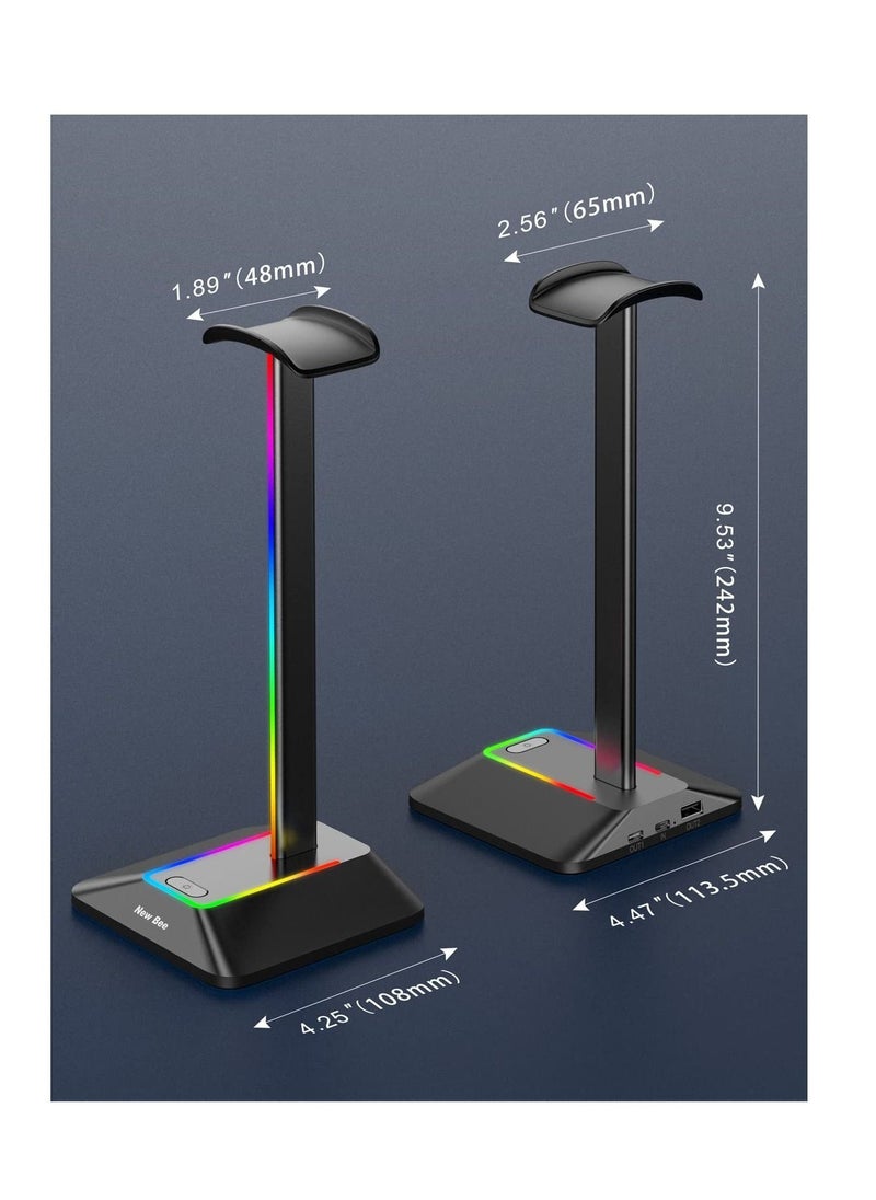 Excefore - RGB Light Headphone Stand, with 1 USB-C Charging Port and 1 USB Charging Port, Desk Gaming Headset Holder, 7 Light Modes and Silicone Non-Slip Base for All Earphone Accessories - Image 1