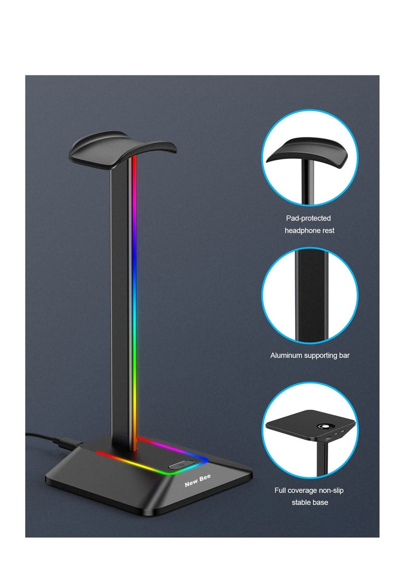 Excefore - RGB Light Headphone Stand, with 1 USB-C Charging Port and 1 USB Charging Port, Desk Gaming Headset Holder, 7 Light Modes and Silicone Non-Slip Base for All Earphone Accessories - Image 1
