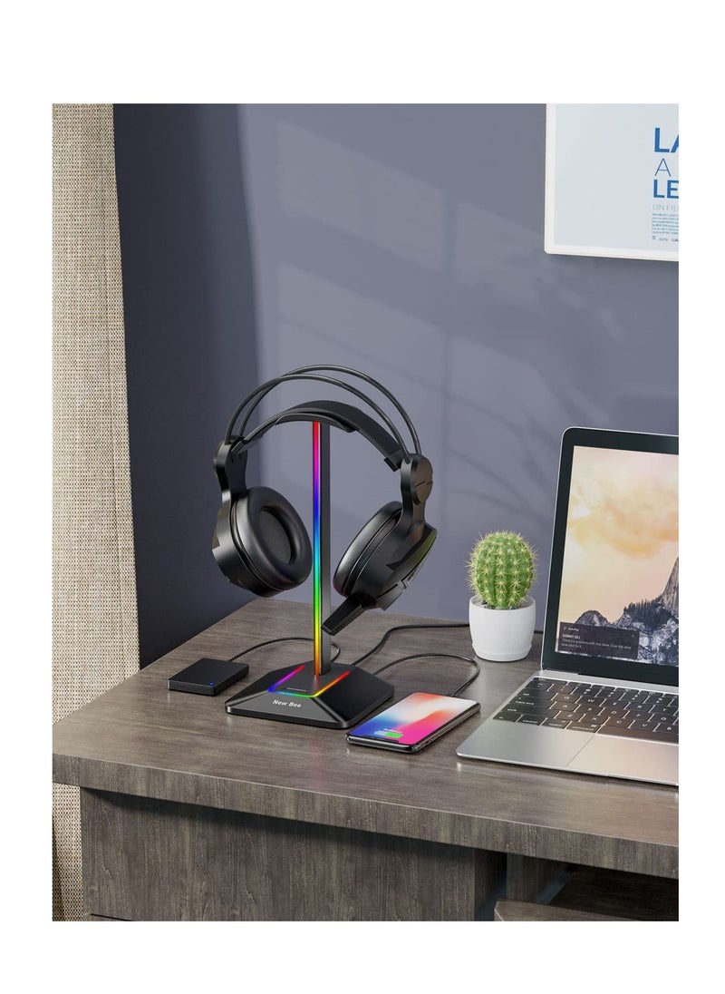 Excefore - RGB Light Headphone Stand, with 1 USB-C Charging Port and 1 USB Charging Port, Desk Gaming Headset Holder, 7 Light Modes and Silicone Non-Slip Base for All Earphone Accessories - Image 1