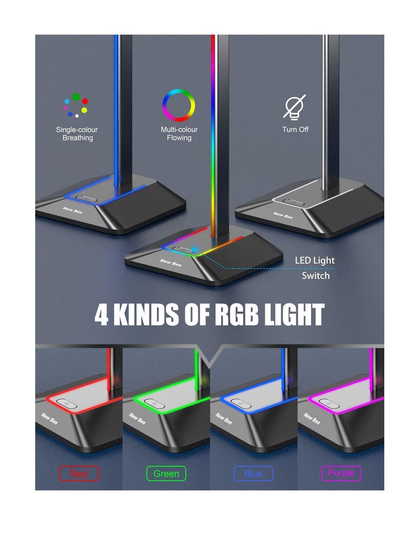 Excefore - RGB Light Headphone Stand, with 1 USB-C Charging Port and 1 USB Charging Port, Desk Gaming Headset Holder, 7 Light Modes and Silicone Non-Slip Base for All Earphone Accessories - Image 1