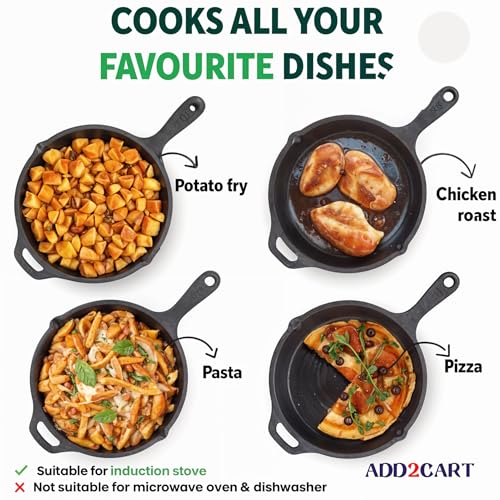 Add2cart Smooth cast Iron Fry pan, Medium, 25.4 cm/10 in., 1.7 liters, 2.2 kg; Induction-Friendly; nonstick; pre-Seasoned; 100% Pure and Toxin-Free; Black - Image 2
