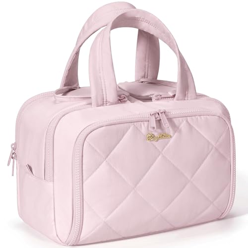 Bagstellar Travel Toiletry Bag Large Wideopen Puffy Toiletry Bag for Women Lightweight Quilted Makeup Bag Cosmetic Organizer with Handle Waterresistant Travel Essentials for Toiletries Accessories Light Pink - Image 1