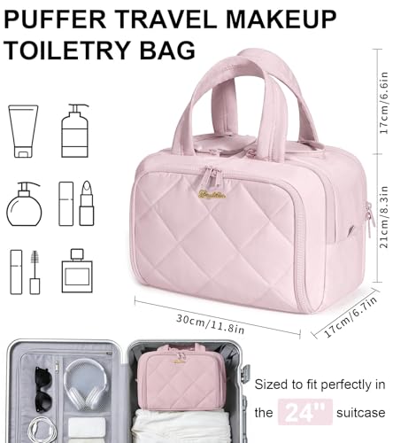 Bagstellar Travel Toiletry Bag Large Wideopen Puffy Toiletry Bag for Women Lightweight Quilted Makeup Bag Cosmetic Organizer with Handle Waterresistant Travel Essentials for Toiletries Accessories Light Pink - Image 3