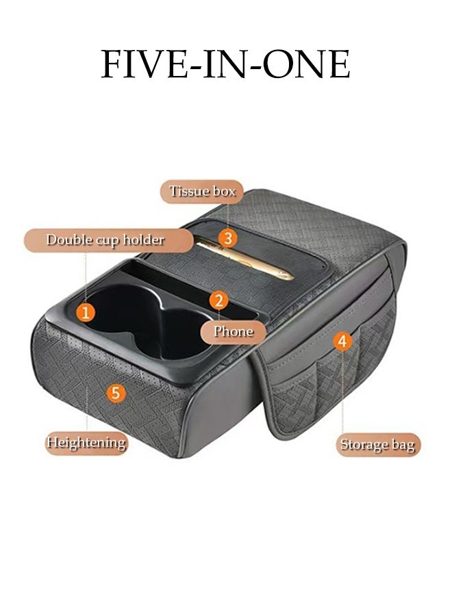 DUNISO Car Central Control Armrest Memory Foam Armrest Heightening Pad,Leather Car Armrest Cushion with 2 Side Storage Bags, 2 Cup Holders and a Tissue Box(Grey) - Image 4