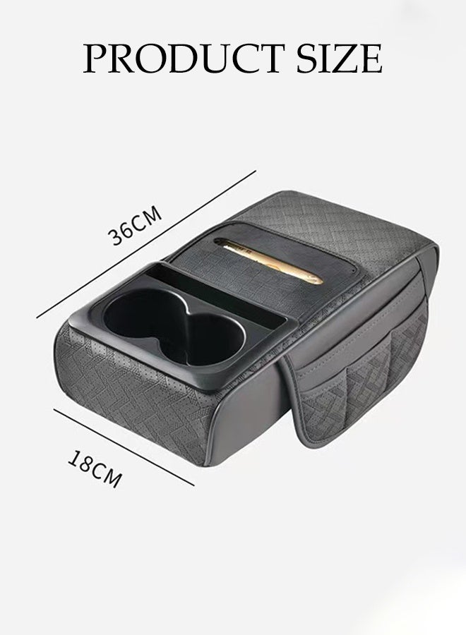 DUNISO Car Central Control Armrest Memory Foam Armrest Heightening Pad,Leather Car Armrest Cushion with 2 Side Storage Bags, 2 Cup Holders and a Tissue Box(Grey) - Image 2