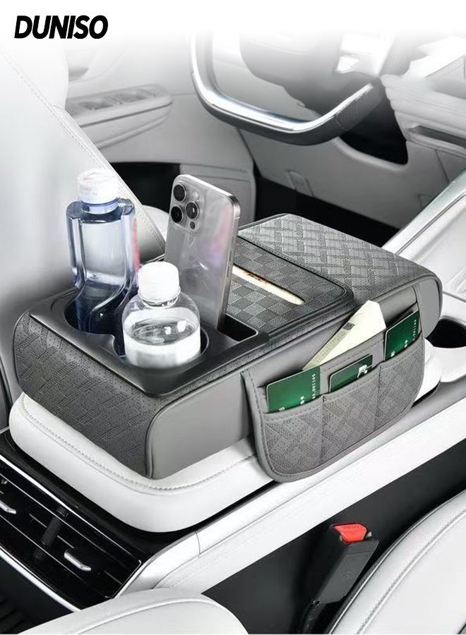 DUNISO Car Central Control Armrest Memory Foam Armrest Heightening Pad,Leather Car Armrest Cushion with 2 Side Storage Bags, 2 Cup Holders and a Tissue Box(Grey) - Image 1