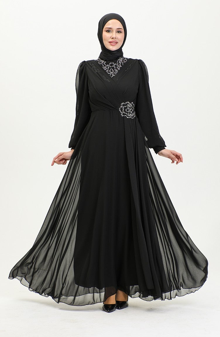 Sefa Merve Stone Printed Evening Dress 52882-02 Black  - Image 1