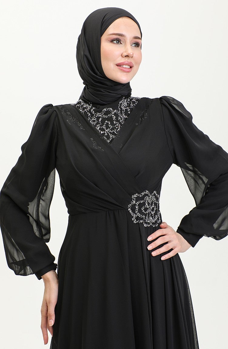 Sefa Merve Stone Printed Evening Dress 52882-02 Black  - Image 5