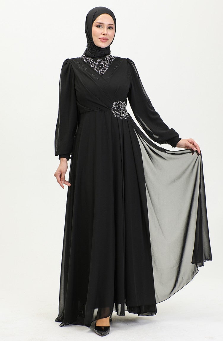 Sefa Merve Stone Printed Evening Dress 52882-02 Black  - Image 4