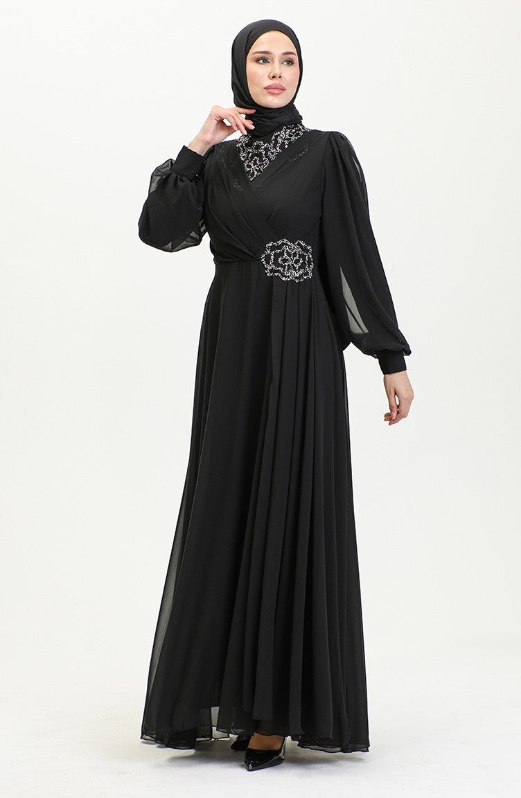 Sefa Merve Stone Printed Evening Dress 52882-02 Black  - Image 3