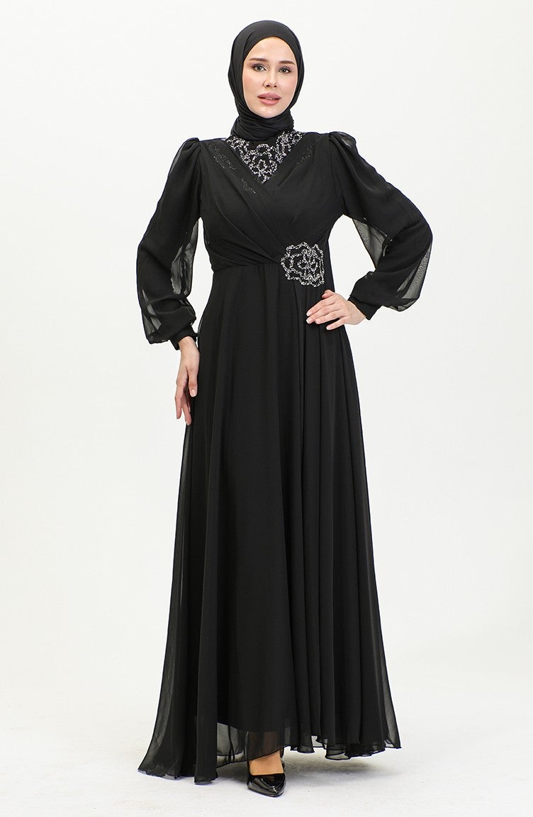 Sefa Merve Stone Printed Evening Dress 52882-02 Black  - Image 2
