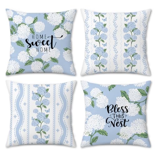 Bonhause Hydrangea Floral Throw Pillow Covers 18 x 18 Inch White Blue Flowers Butterfly Spring Summer Outdoor Decorative Pillows Case Soft Velvet Cushion Covers for Sofa Couch Home Decor Set of 4 - Image 1