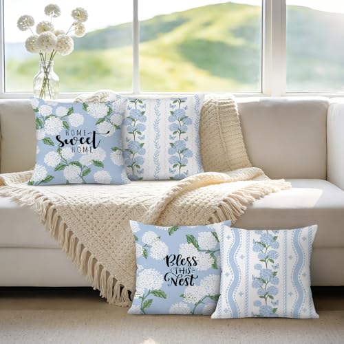 Bonhause Hydrangea Floral Throw Pillow Covers 18 x 18 Inch White Blue Flowers Butterfly Spring Summer Outdoor Decorative Pillows Case Soft Velvet Cushion Covers for Sofa Couch Home Decor Set of 4 - Image 3