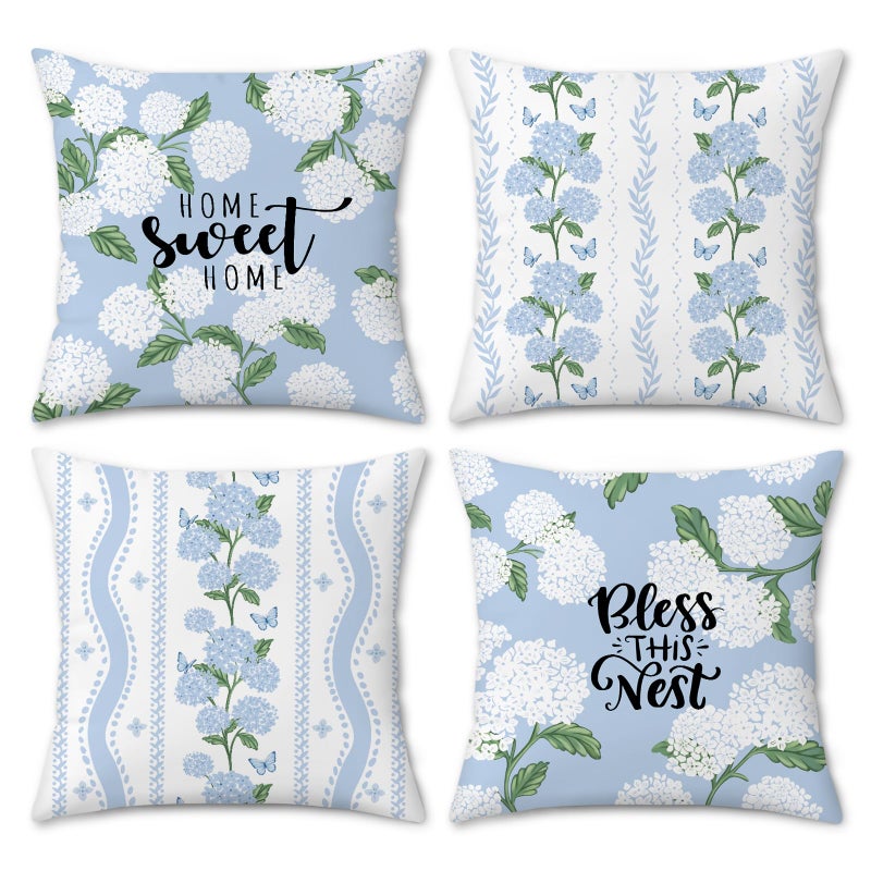 Bonhause Hydrangea Floral Throw Pillow Covers 18 x 18 Inch White Blue Flowers Butterfly Spring Summer Outdoor Decorative Pillows Case Soft Velvet Cushion Covers for Sofa Couch Home Decor Set of 4 - Image 2