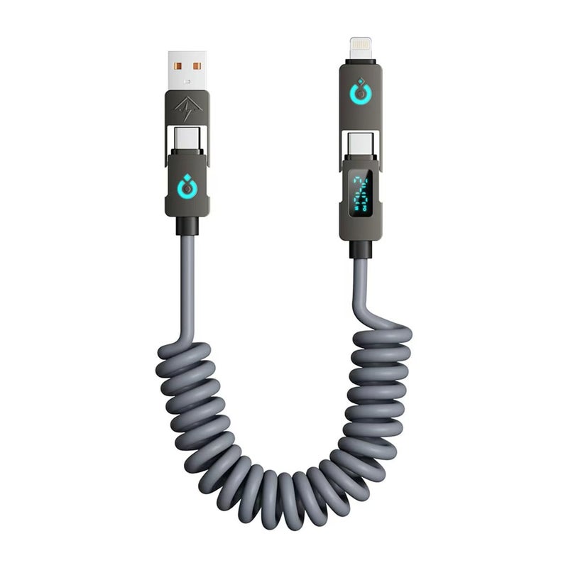 YOOJ ® 4-in-1 Coiled USB-C Charging Cable for Car, 240W Max Fast Charger Cord with LED Display, USB-A, Dual USB-C & Lighting, for iPhone 17/16/15/14 Series, iPad, MacBook and More (Grey, 2M/6FT) - Image 1