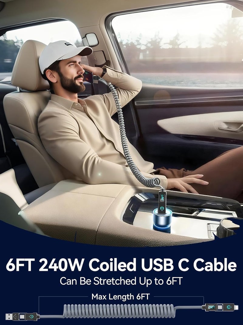 YOOJ ® 4-in-1 Coiled USB-C Charging Cable for Car, 240W Max Fast Charger Cord with LED Display, USB-A, Dual USB-C & Lighting, for iPhone 17/16/15/14 Series, iPad, MacBook and More (Grey, 2M/6FT) - Image 4