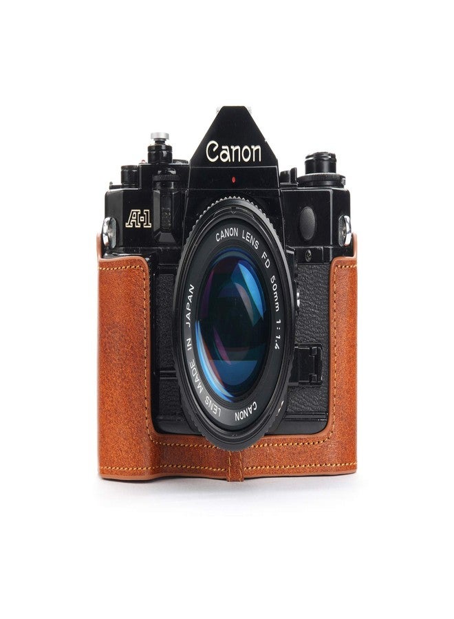 BolinUS A-1 Case, Handmade Genuine Real Leather Half Camera Case Bag Cover for Canon New AE-1 AE-1P A-1 (with Handle) Camera with Hand Strap (LavaBrown) - Image 1