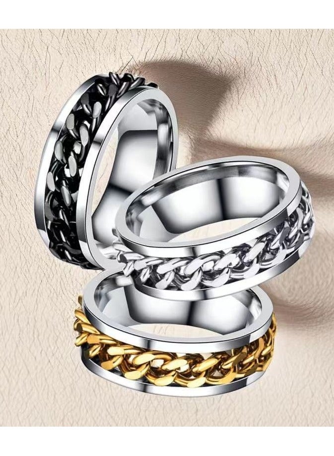 Steel Color Stainless Steel Chain Spinner Ring – Titanium Steel, Rotating Fidget Band, Durable Mechanical Design, Vacuum-Plated, Unisex Fashion Jewelry, EU Size 60 - Image 2