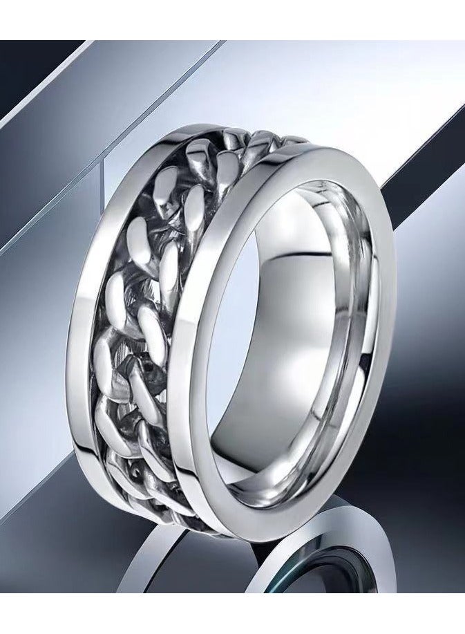 Steel Color Stainless Steel Chain Spinner Ring – Titanium Steel, Rotating Fidget Band, Durable Mechanical Design, Vacuum-Plated, Unisex Fashion Jewelry, EU Size 60 - Image 3
