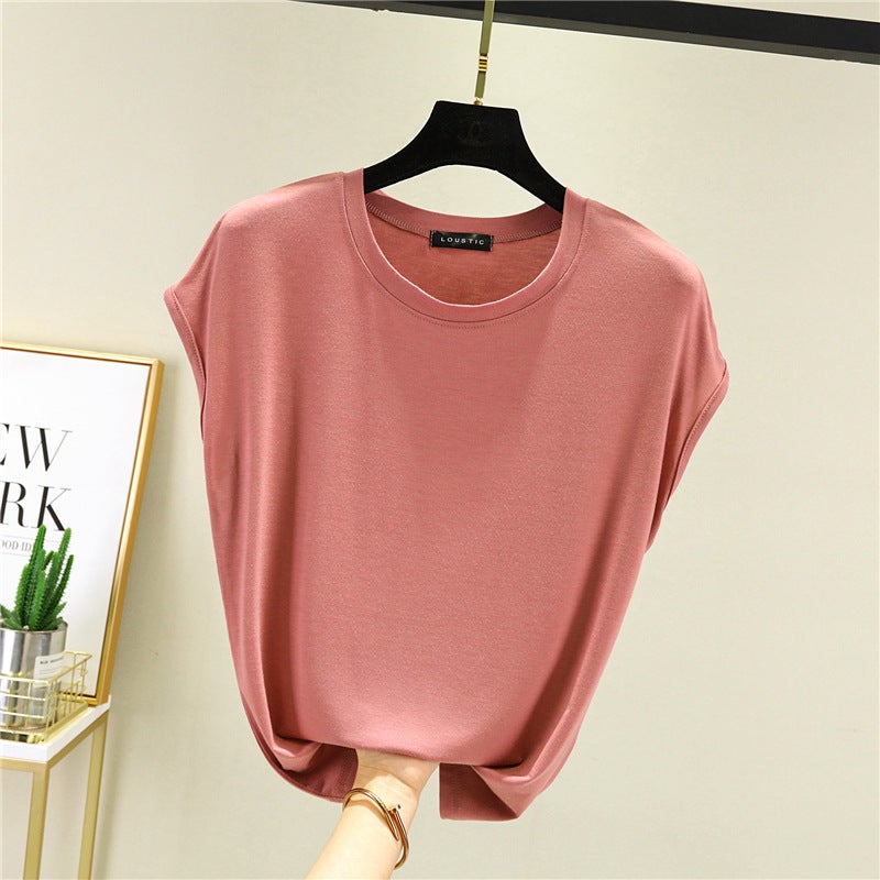 Modal Sleeveless T-shirt Womens Summer 2023 New Short-sleeved Base Round Neck Loose Large Size Solid Color Slimming Top for Women Lotus root starch