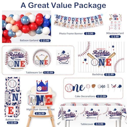 cocomigo Rookie of the Year First Birthday Decorations for Boys - 200 Pcs Party Kit with Balloon Arch, Backdrop, Tableware, Balloon Box, Highchair Banner - Rookie Year Themed Decor for 20 Guests - Image 4
