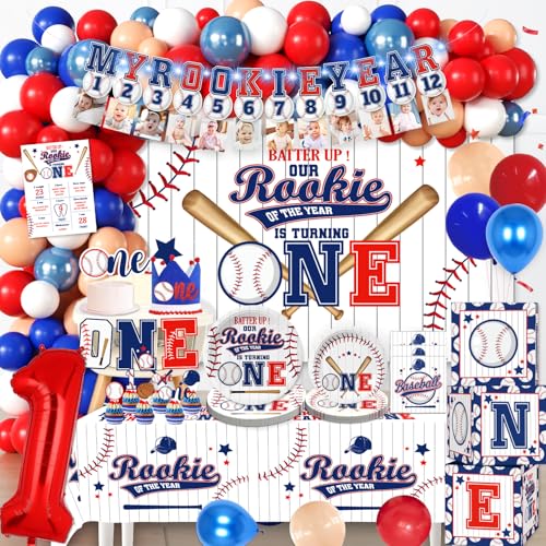 cocomigo Rookie of the Year First Birthday Decorations for Boys - 200 Pcs Party Kit with Balloon Arch, Backdrop, Tableware, Balloon Box, Highchair Banner - Rookie Year Themed Decor for 20 Guests - Image 1