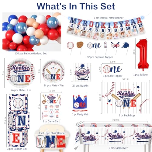 cocomigo Rookie of the Year First Birthday Decorations for Boys - 200 Pcs Party Kit with Balloon Arch, Backdrop, Tableware, Balloon Box, Highchair Banner - Rookie Year Themed Decor for 20 Guests - Image 2