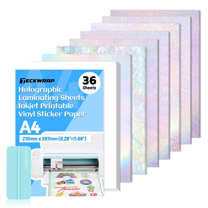 TECKWRAP Sticker Paper for Inkject Printer Holographic Laminating Sheets Matte Inkjet Printable Vinyl 8.26" x 11.69" A4 36 Sheets Printer Paper Vinyl Stickers Waterproof Photo Paper - Image 1