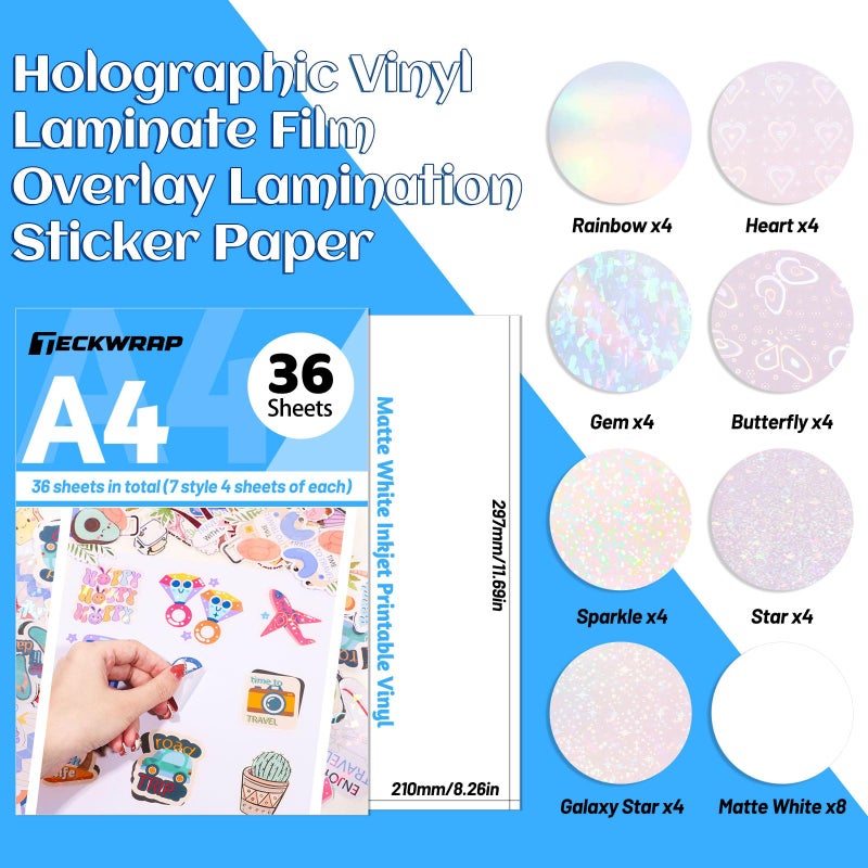 TECKWRAP Sticker Paper for Inkject Printer Holographic Laminating Sheets Matte Inkjet Printable Vinyl 8.26" x 11.69" A4 36 Sheets Printer Paper Vinyl Stickers Waterproof Photo Paper - Image 2