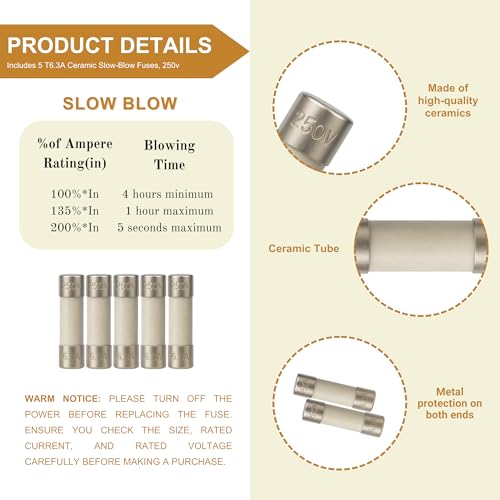 Femitu T6.3A Ceramic Fuse, 5x20mm/0.2x0.79inch 6.3A 250V Slow-Blow Time Delay Fuses - Durable Circuit Protection for Electronics, Appliances, and Power Supplies (Pack of 5) - Image 4