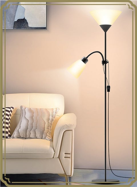 مصباح أرضي LED مع مصابيح مزدوجة، مصباح أرضي عمودي مع ضوء قراءة قابل للتعديل، ضوء قائم لغرفة المعيشة وغرفة النوم والمكتب أبيض