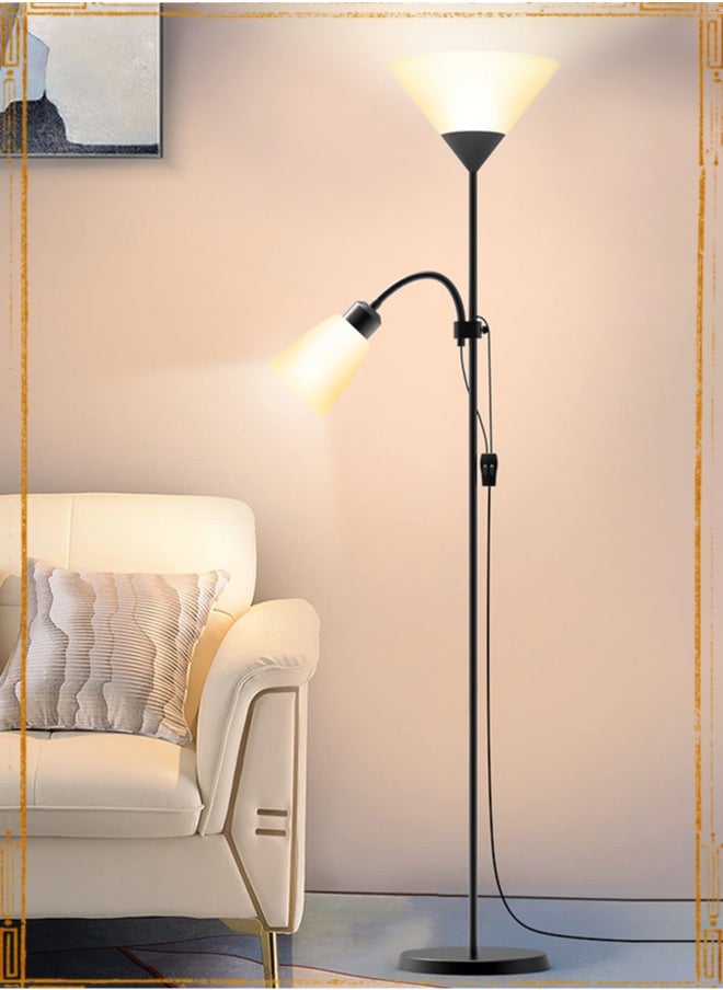 أبيكس مصباح أرضي LED بمصابيح إضاءة مزدوجة، مصباح أرضي عمودي بضوء قراءة قابل للتعديل، مصباح قائم لغرفة المعيشة وغرفة النوم والمكتب، (أسود)  - Image 1