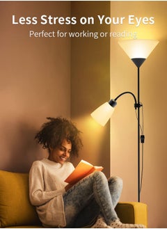 أبيكس مصباح أرضي LED بمصابيح إضاءة مزدوجة، مصباح أرضي عمودي بضوء قراءة قابل للتعديل، مصباح قائم لغرفة المعيشة وغرفة النوم والمكتب، (أسود)  - Image 3