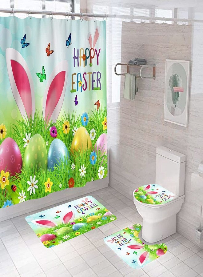 DDS-DUDES Easter Shower Curtain, Funny Rabbit Spring Eggs Shower Curtain Set for Bathroom Decor Waterproof Fabric Curtains with Hooks 71x71 inches - Image 1