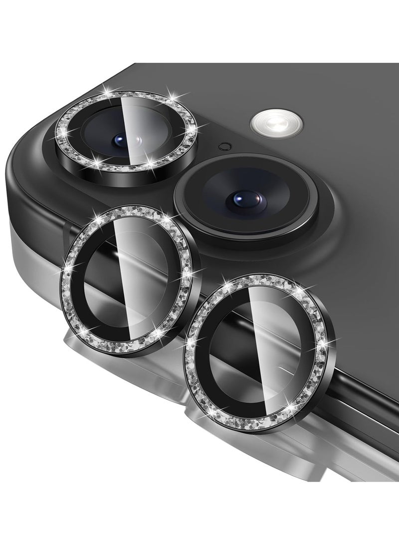 Camera Lens Protector for iPhone 16 Plus/iPhone 16, Shatterproof, Ultra-thin Aluminum Alloy Ring, Camera Lens Protective Film, (Gliter Black)
