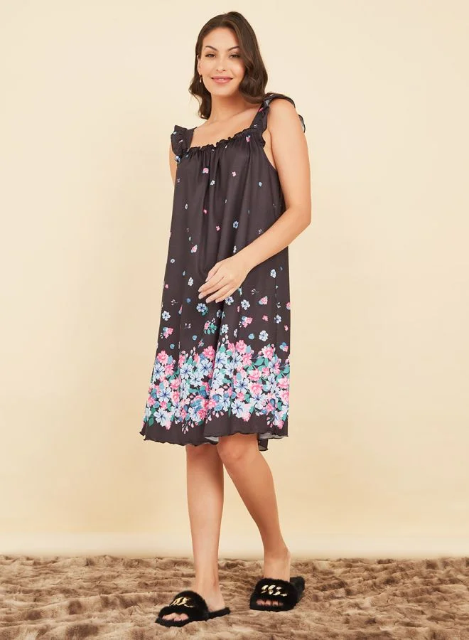 Styli Floral Ruffle Shoulder Nightdress