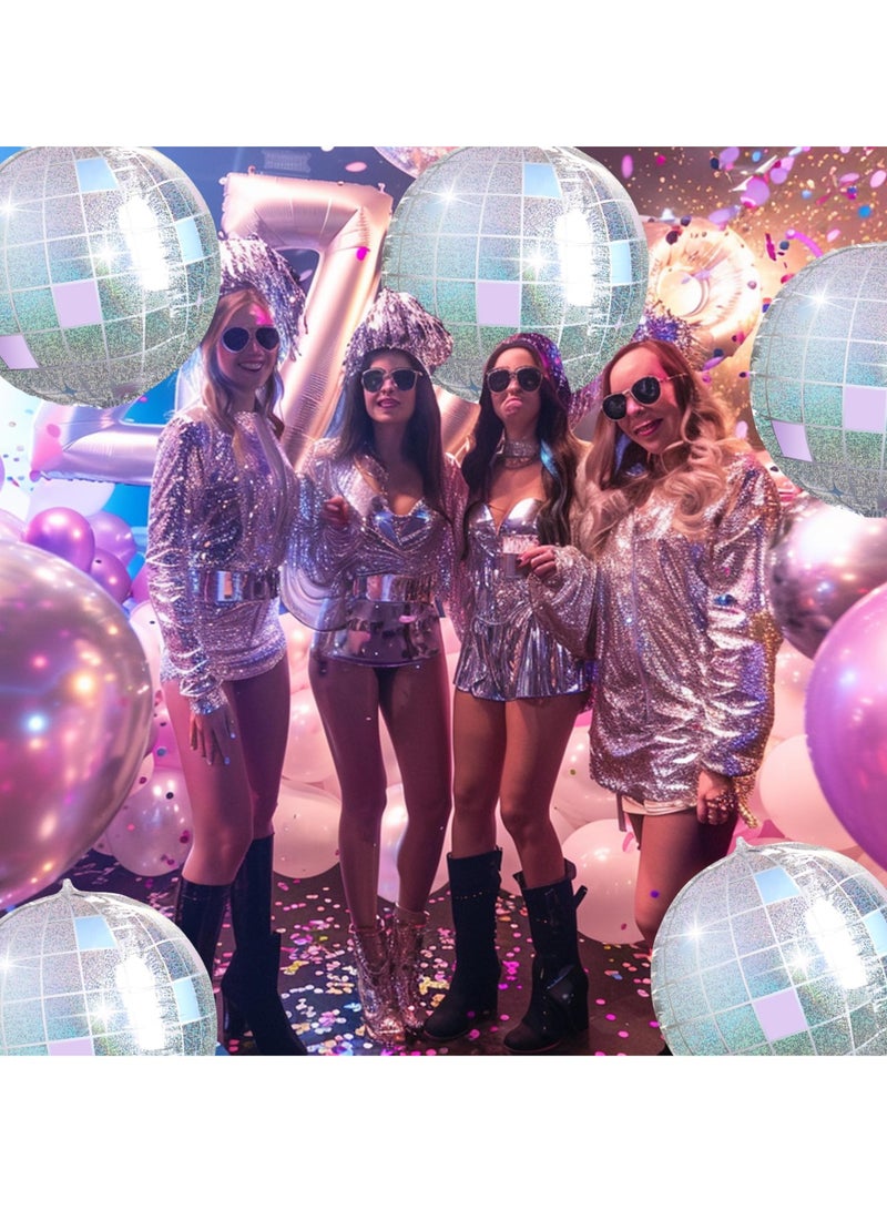 Excefore بالونات مرآة، 6 قطع بالونات معدنية ديسكو لتزيين حفلات السبعينات، بالونات كروية دائرية بزاوية 360 درجة 4D، بالونات Mylar لحفلة عيد الميلاد (56 سم/22 بوصة، فضية قزحية) - Image 2
