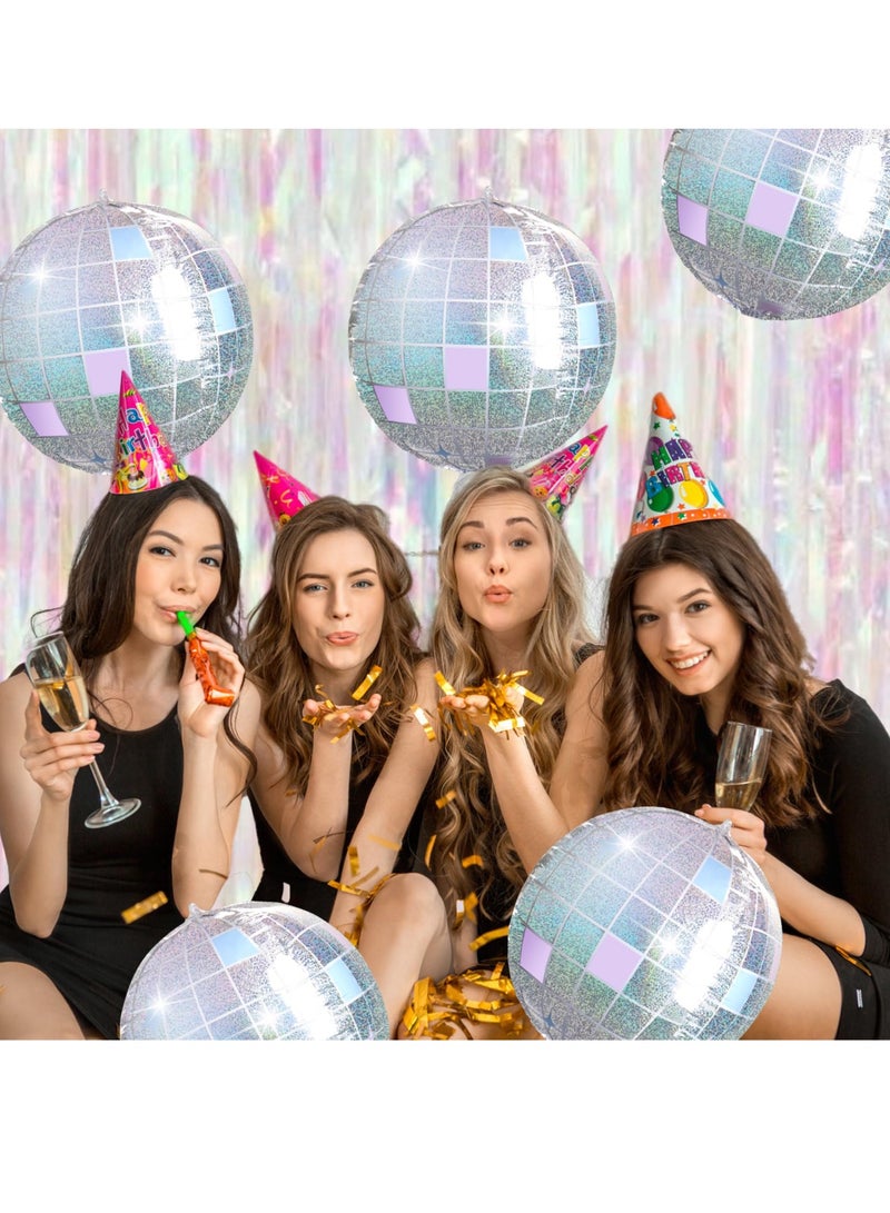 Excefore بالونات مرآة، 6 قطع بالونات معدنية ديسكو لتزيين حفلات السبعينات، بالونات كروية دائرية بزاوية 360 درجة 4D، بالونات Mylar لحفلة عيد الميلاد (56 سم/22 بوصة، فضية قزحية) - Image 5