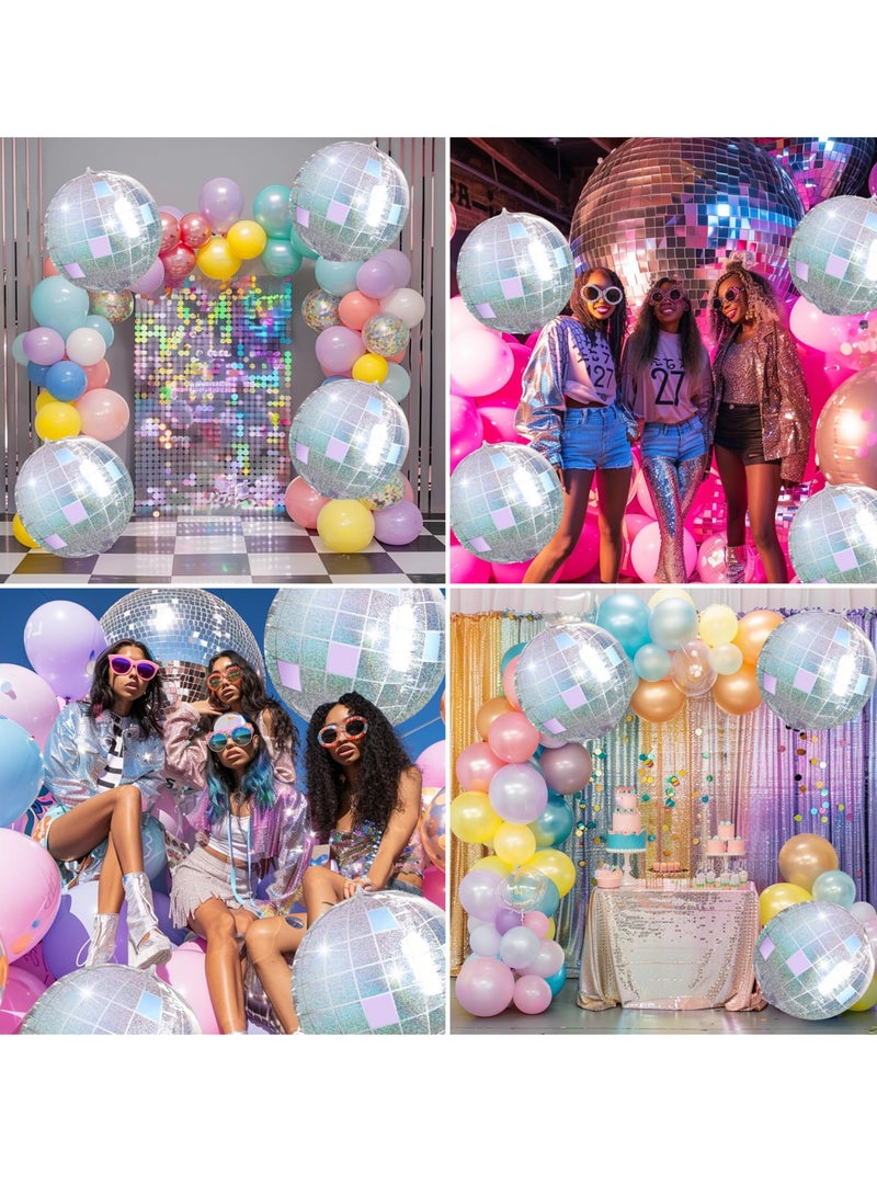 Excefore بالونات مرآة، 6 قطع بالونات معدنية ديسكو لتزيين حفلات السبعينات، بالونات كروية دائرية بزاوية 360 درجة 4D، بالونات Mylar لحفلة عيد الميلاد (56 سم/22 بوصة، فضية قزحية) - Image 3