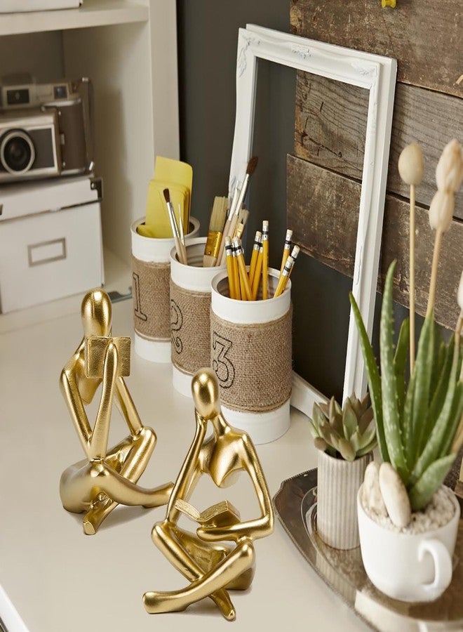 Prettidecor تمثال بريتيديكور الذهبي للمفكر القارئ، منحوتات فنية تجريدية، مجموعة تماثيل حديثة وجميلة مكونة من قطعتين لتزيين المنزل، غرفة المعيشة، غرفة النوم، المكتب، الرف، الطاولة، رف الكتب - Image 2