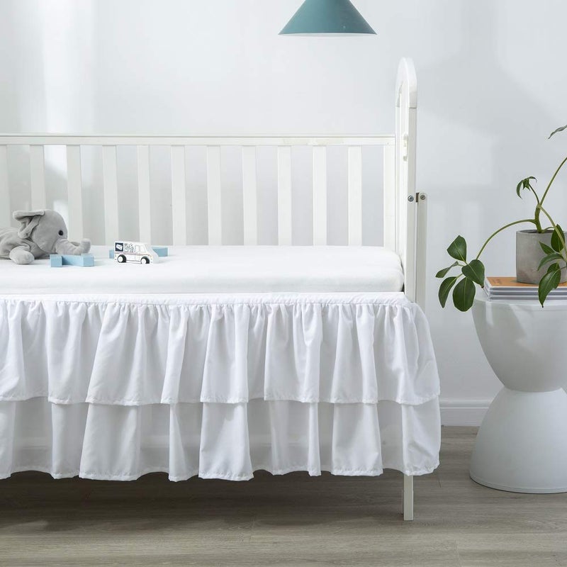 JSD White Ruffled Crib Bed Skirt Double Layer Nursery Toddler Dust Ruffle Bedding Skirt 14" Deep Drop - Image 4