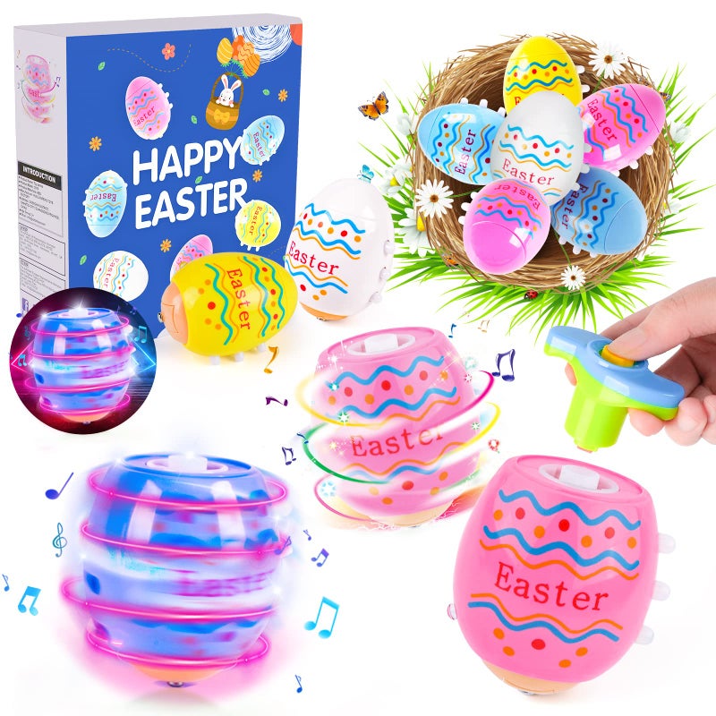 Vatos Easter Toys Eggs for Kids 6 Pack Lighting Spining Singing Plastic Colorful Easter Toys Egss Easter Basket Stuffers Party Favors Gifts for Kids 3 Boys Girls - Image 3