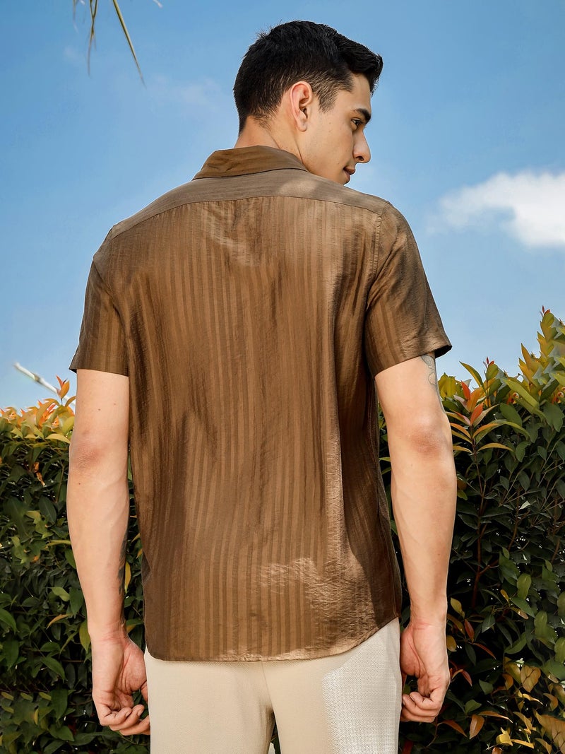 Thomas Scott Men | Short Sleeves | Vertical Stripes Printed | Nylon Rayon | Spread Collar | Casual Shirt(TS1738_Brown_L) - Image 3
