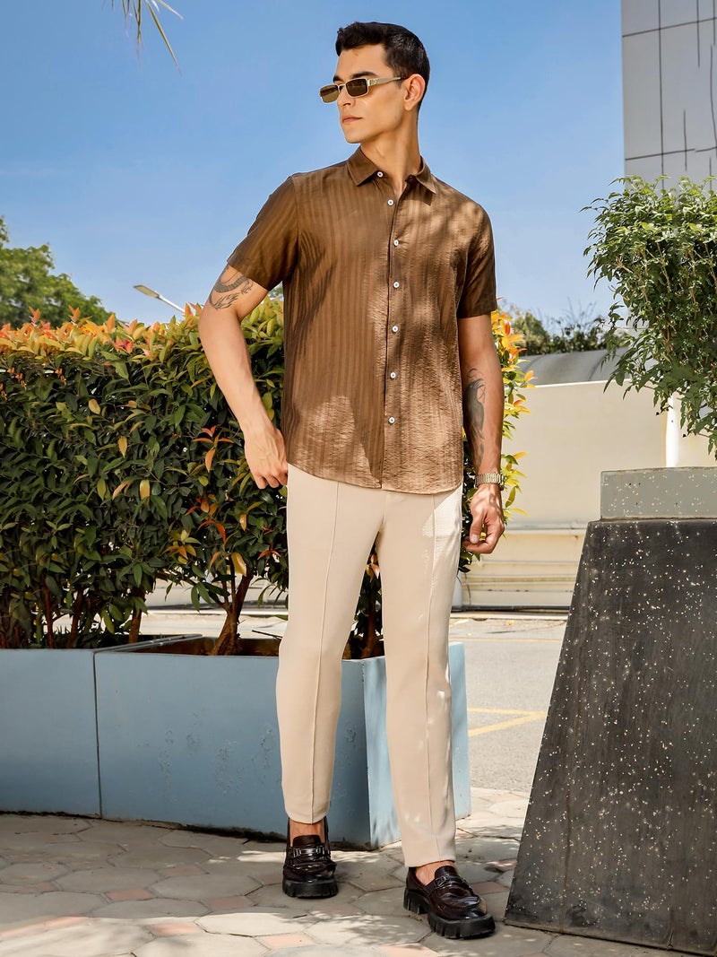 Thomas Scott Men | Short Sleeves | Vertical Stripes Printed | Nylon Rayon | Spread Collar | Casual Shirt(TS1738_Brown_L) - Image 5