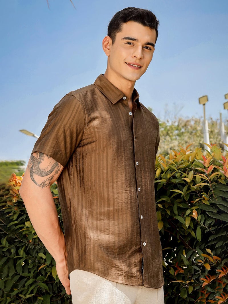 Thomas Scott Men | Short Sleeves | Vertical Stripes Printed | Nylon Rayon | Spread Collar | Casual Shirt(TS1738_Brown_L) - Image 2