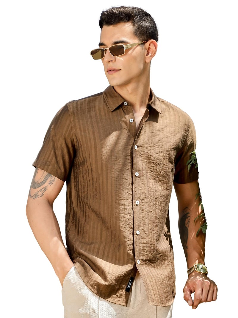 Thomas Scott Men | Short Sleeves | Vertical Stripes Printed | Nylon Rayon | Spread Collar | Casual Shirt(TS1738_Brown_L) - Image 1