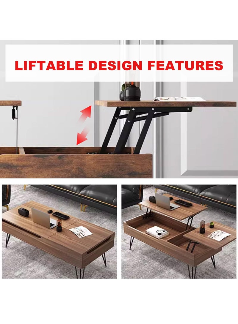 XiuWoo Coffee Table with Lifting Top, Modern Coffee Tables for Living Room with Hidden Compartment, Mid Century Space-Saving Convertible Furniture for Small Spaces Living Room Apartment 120x50x55cm - Image 3